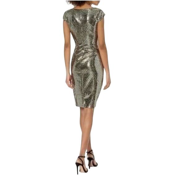 Anne Klein Size 12 Metallic Gold Ruched Cap Sleep Sheath Dress Knee Length NWT - Picture 2 of 12